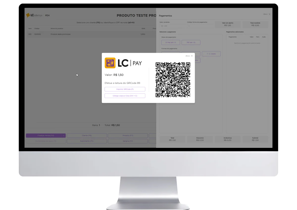 Tela do PDV com o LC PAY exibindo pagamento via QR Code